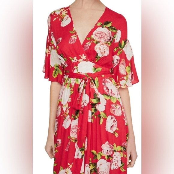 BCBGMaxAzria Flutter Sleeve In Bloom Floral Print Faux Wrap Maxi Dress Size XS - Picture 2 of 8